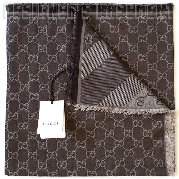 GUCCI brown & taupe GGWEB giant 55"- square wool & silk pashmina shawl scarf NWT - Picture 7 of 10